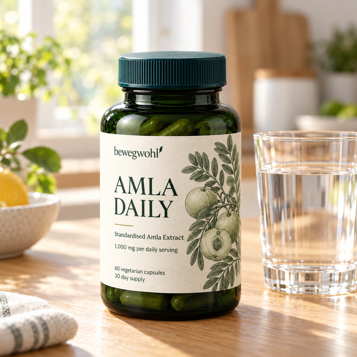 Bewegwohl Amla Daily botanical packaging morning scene