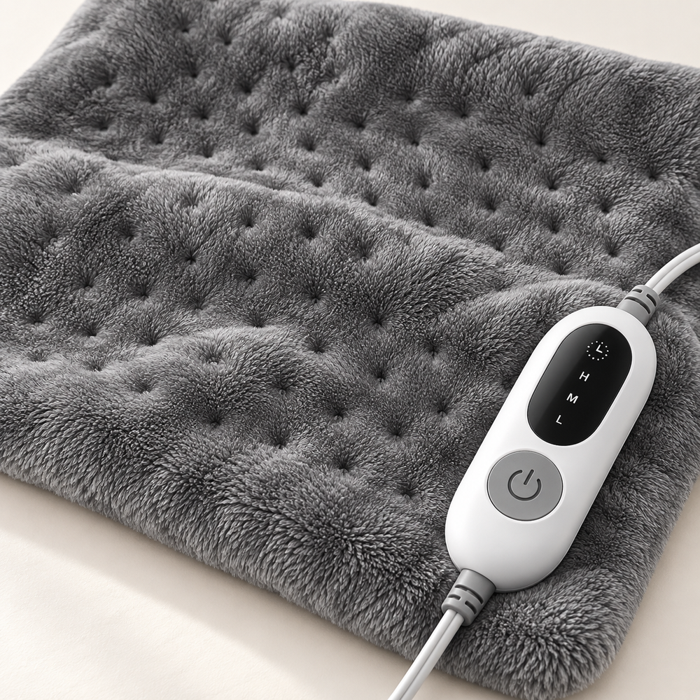 Close-up of plush heating pad and three heat settings