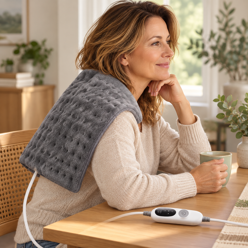 Soft heating pad draped over shoulders