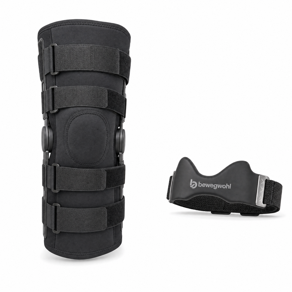 Close view of Bewegwohl knee straps positioned directly below the kneecaps